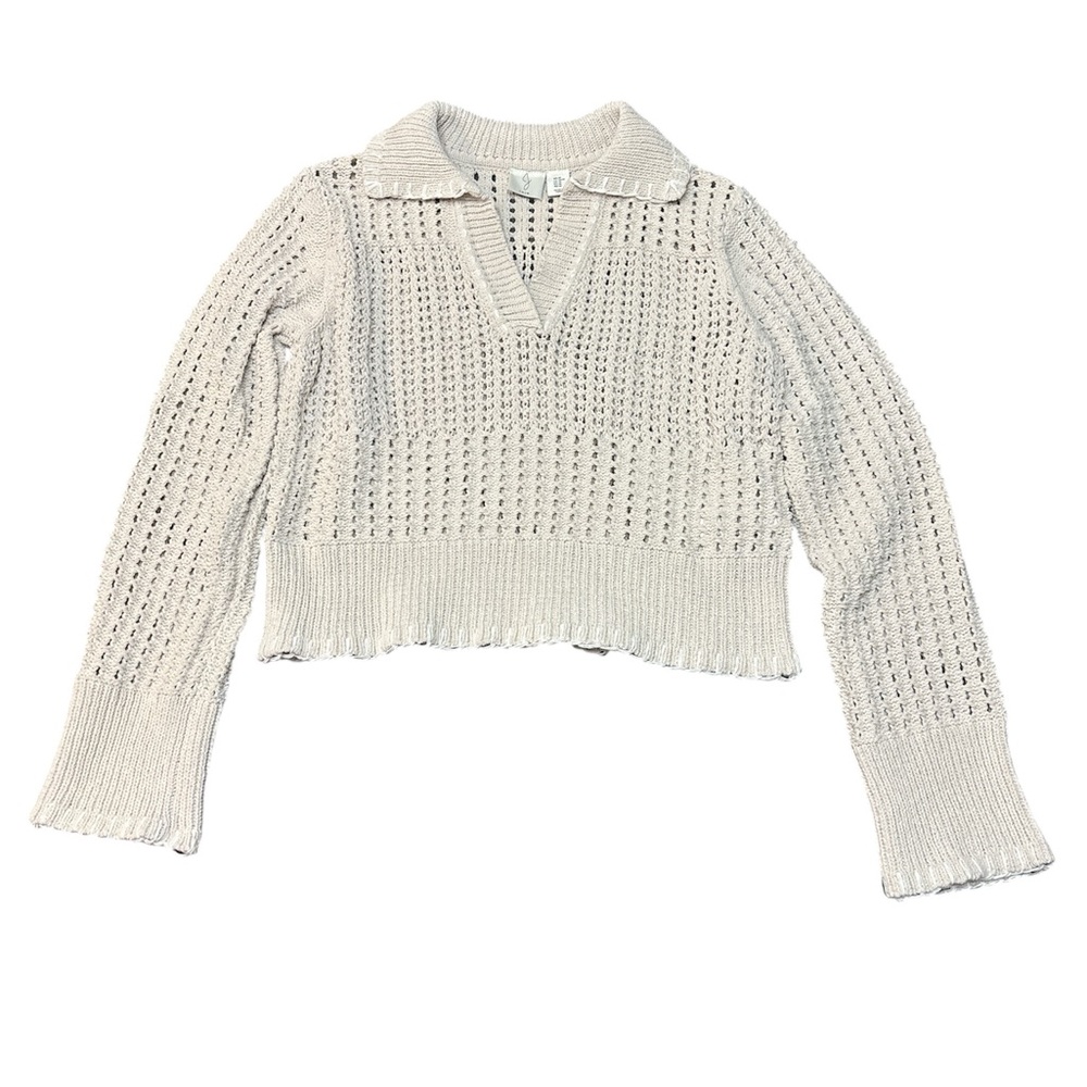 Joie Cream Preppy Collared V-Neck Open Knit Pullover Sweater Ladies Size M